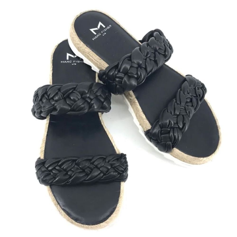 Marc Fisher Sandals Womens Size 5 Black Leather Jaimee Espadrille‎ Slide Shoes